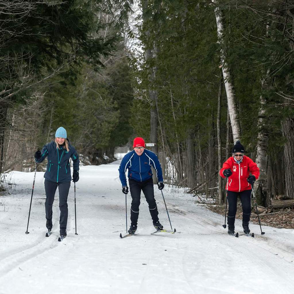 three nordic skiiers on trail